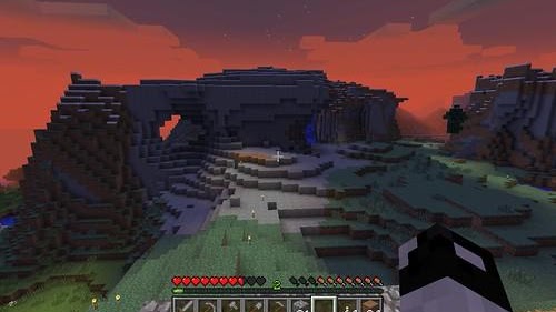 Minecraft landscape at sunset